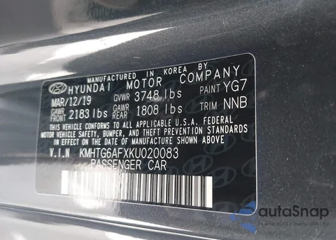 2019 Hyundai Veloster 2.0 from USA, damaged, VIN KMHTG6AFXKU020083